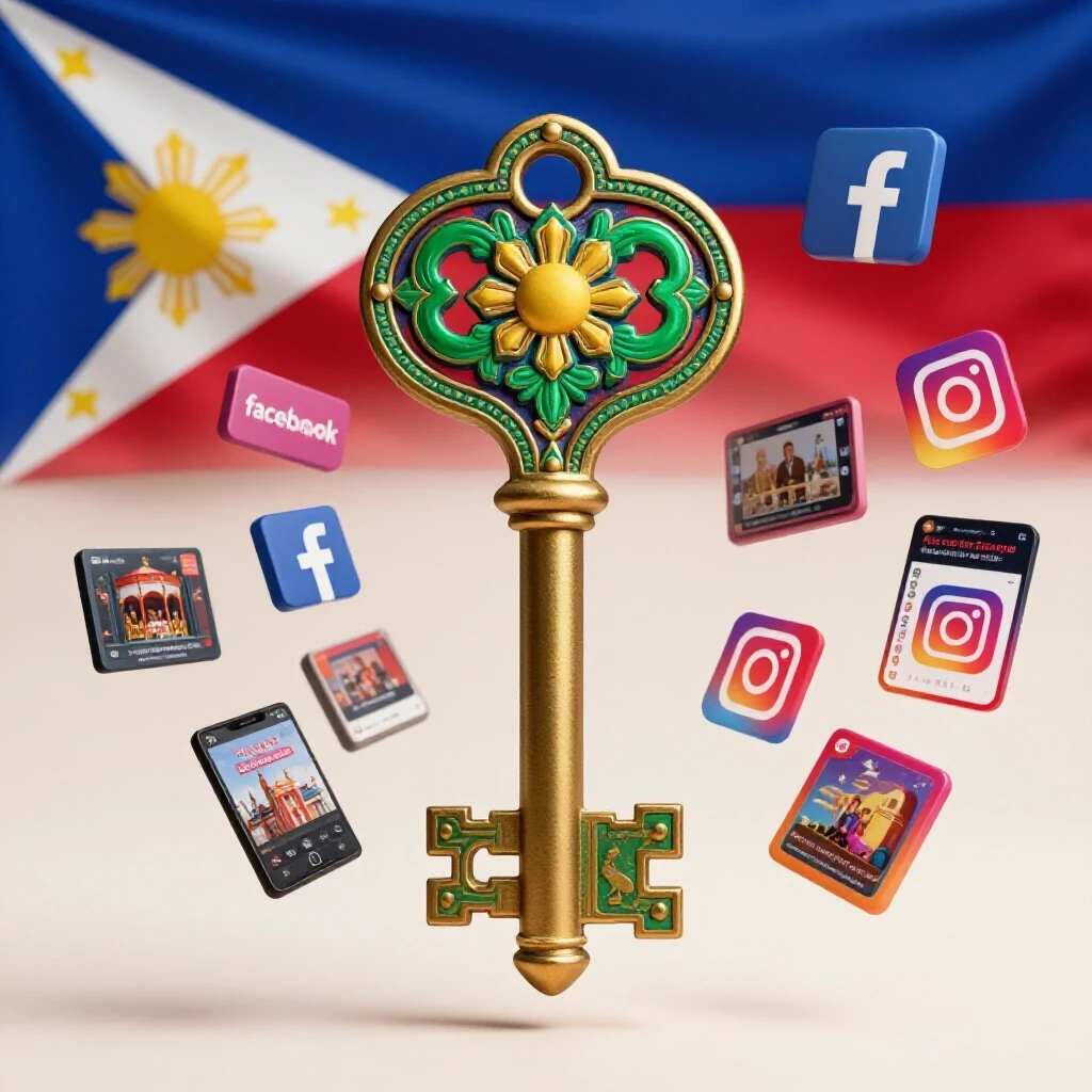 A large ornate key with Filipino patterns against the Philippine flag, surrounded by illustrations of Facebook and Instagram ads.
