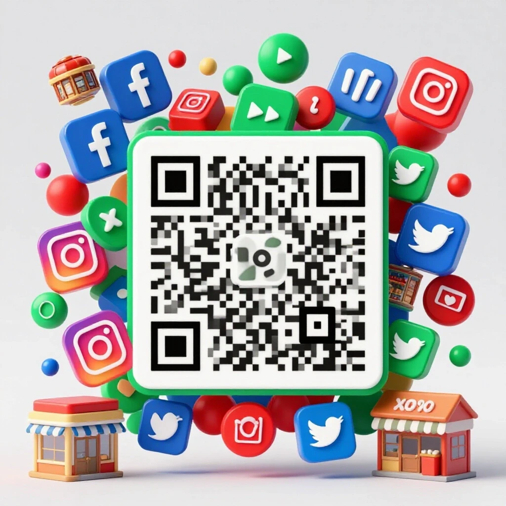 A vibrant QR code surrounded by colorful social media icons and small business imagery, against a light grey background.
