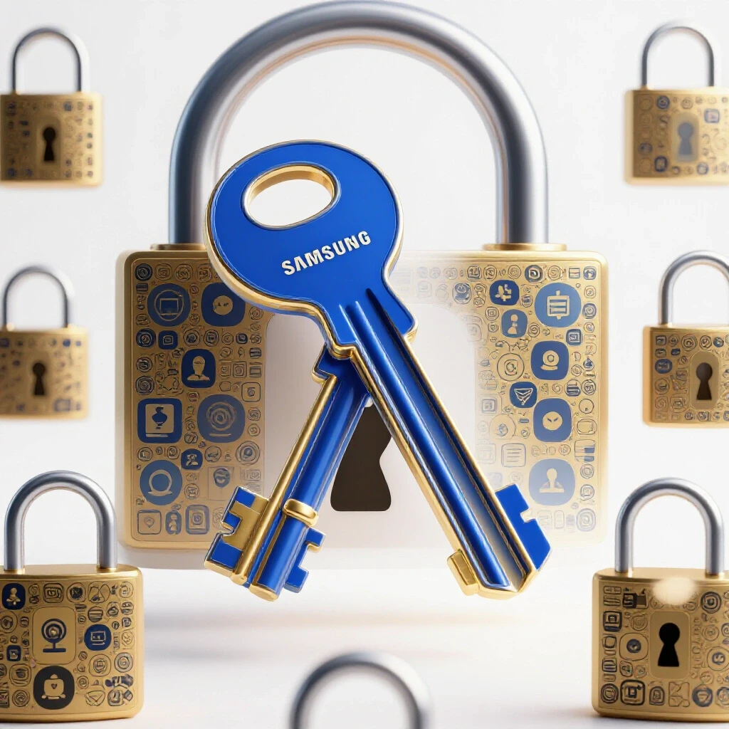 A large key with the Samsung logo hovers over a digital lock made of social media icons, symbolizing Facebook ad strategies.