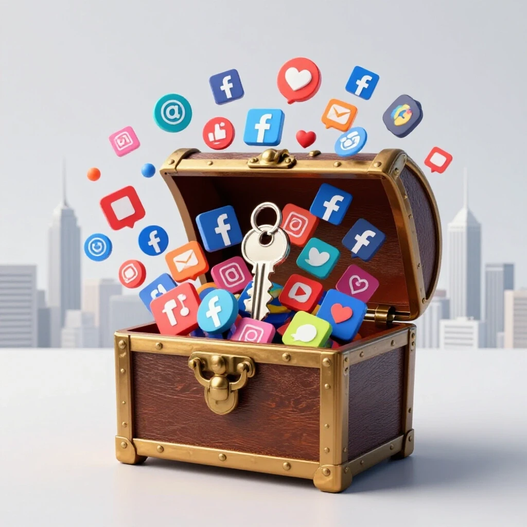 A shiny key unlocking a treasure chest filled with colorful social media icons against a bright city skyline.