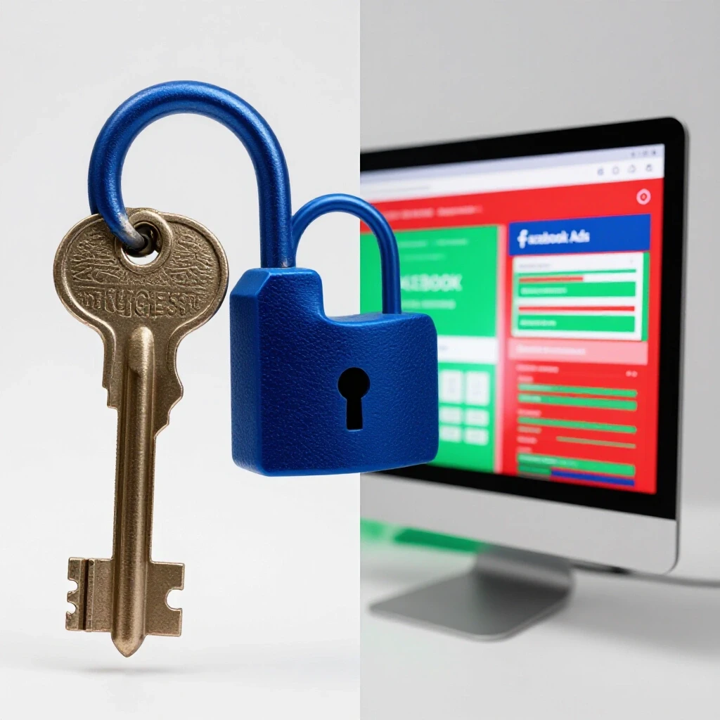 A vibrant digital interface showing Facebook Ads analytics next to a traditional lock and key, symbolizing success in advertising.
