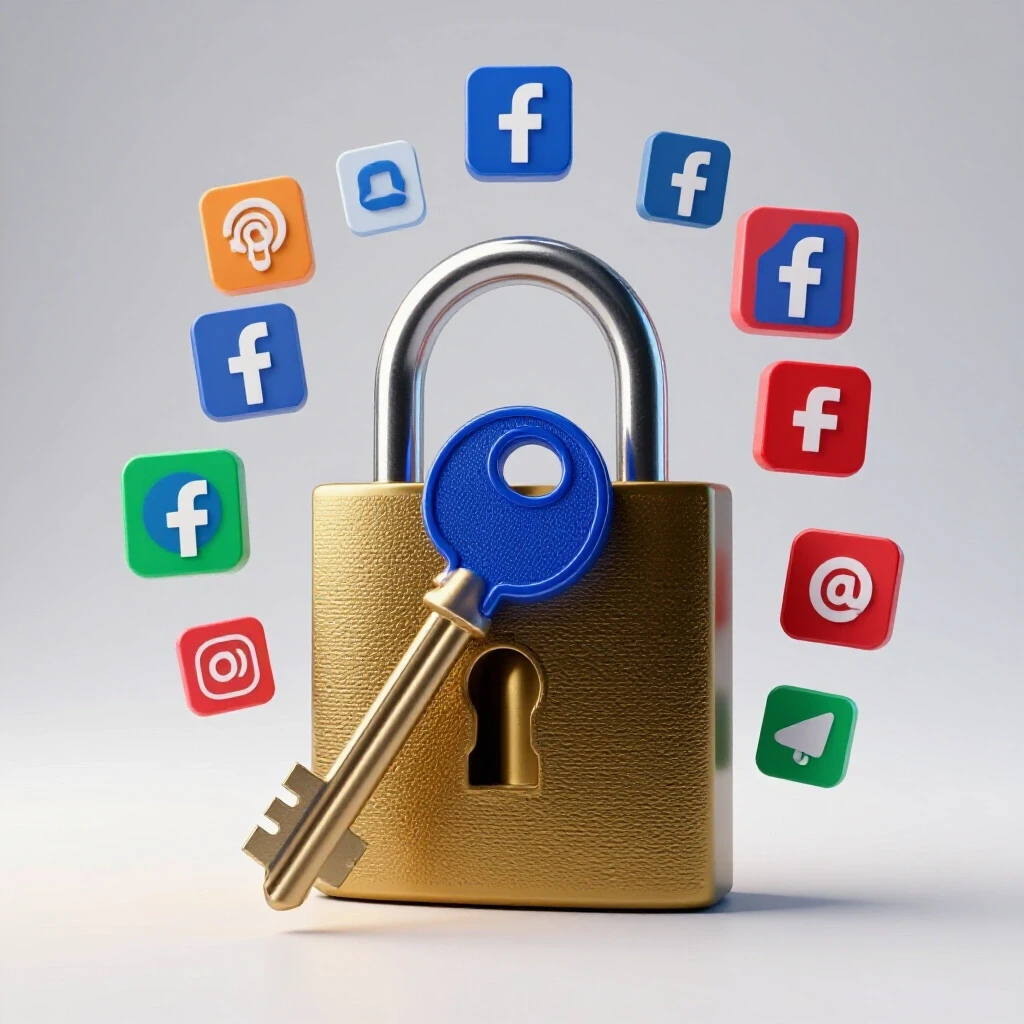 An ornate key unlocking a digital padlock surrounded by icons symbolizing Facebook ads targeting tools.