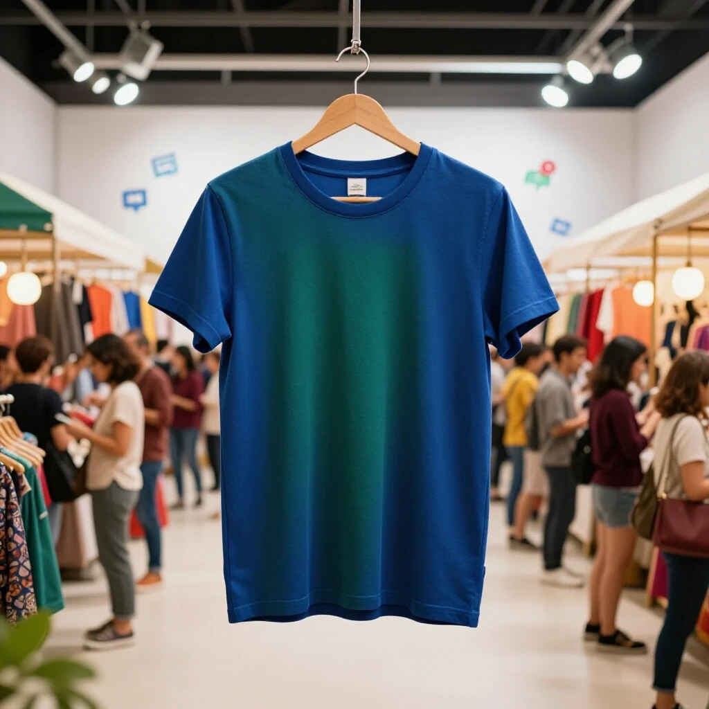 Vibrant bazaar scene with a bold t-shirt in the foreground and shoppers, symbolizing social media marketing.