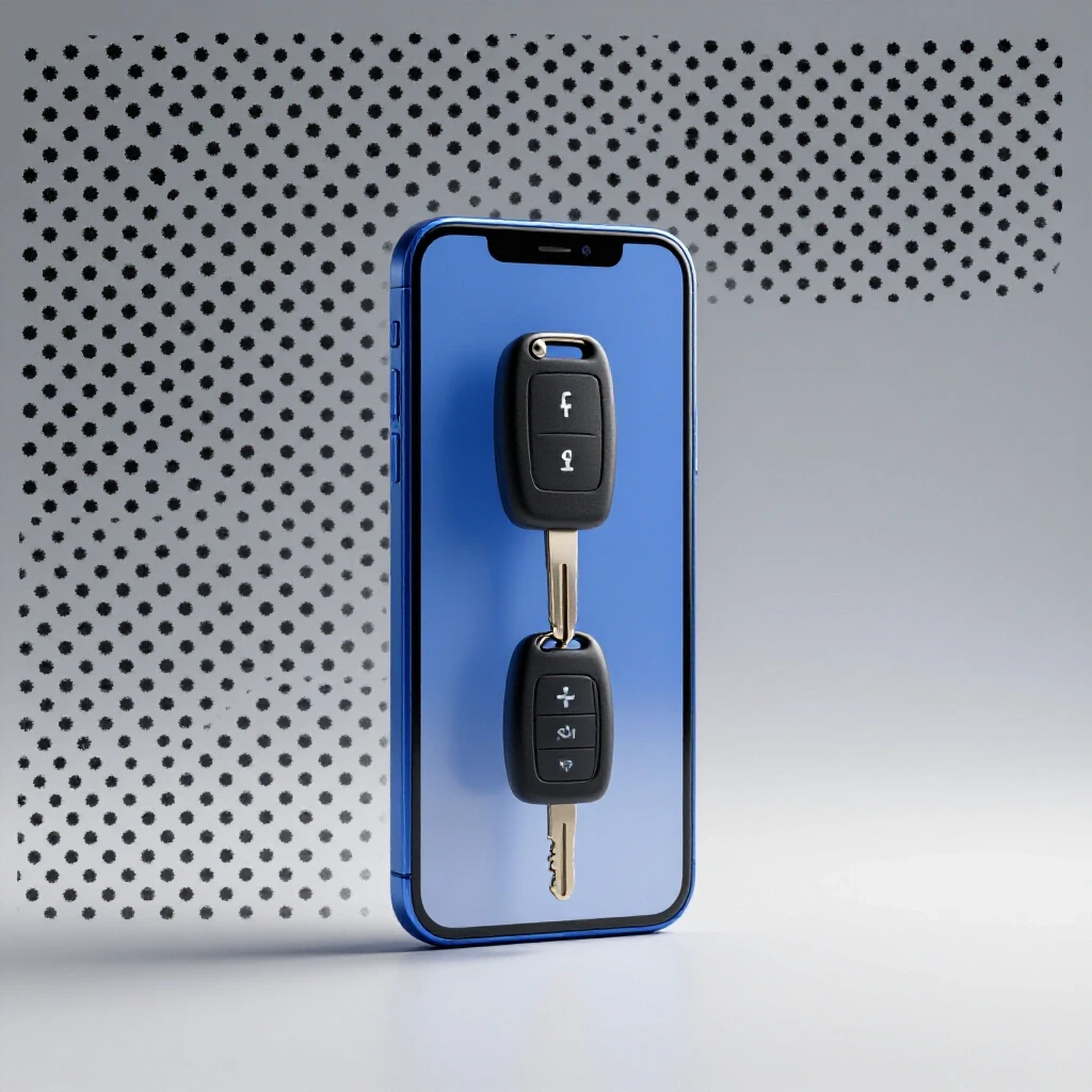 A 3D image of a car key transforming into a smartphone with vibrant colors, set against a light grey background.