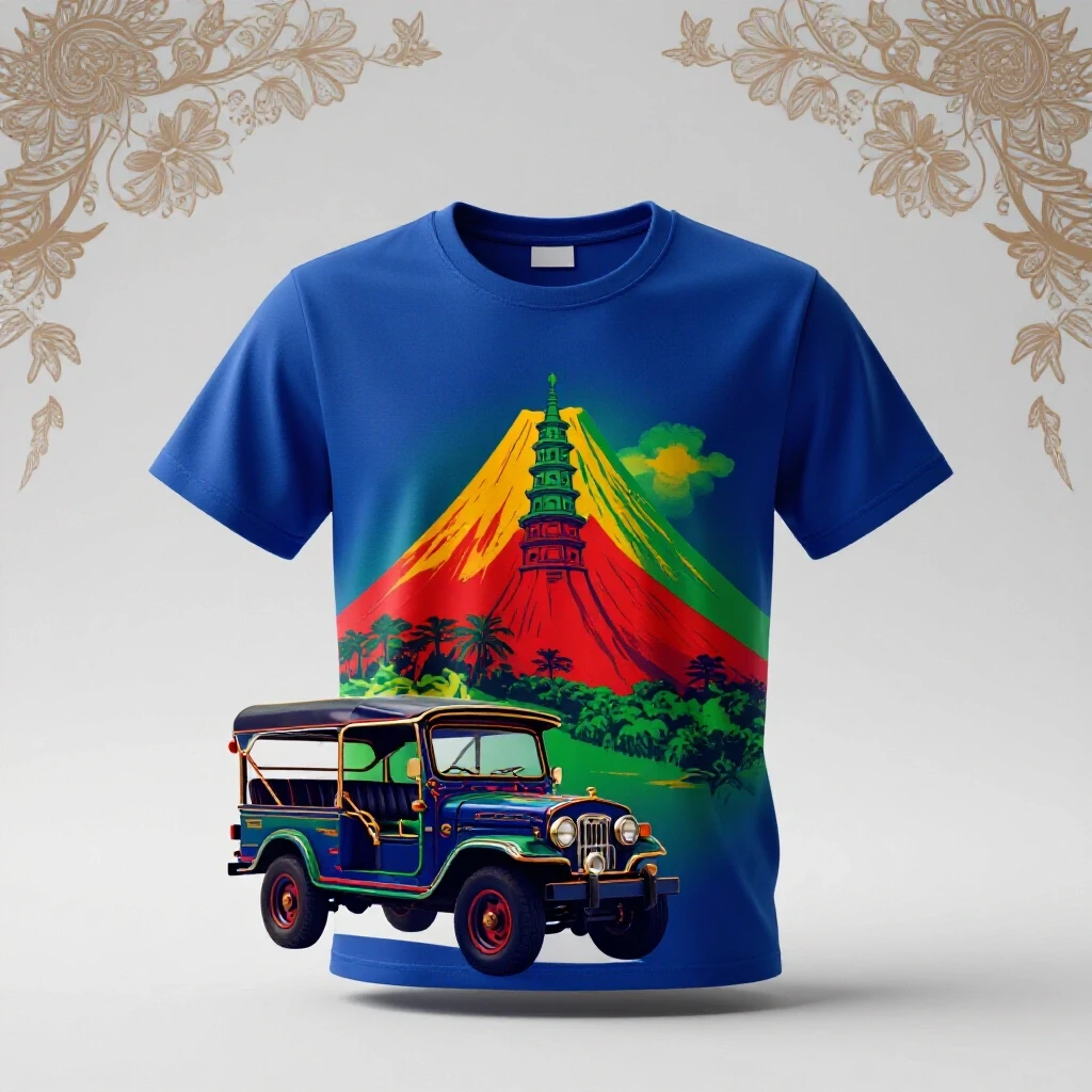 A vibrant t-shirt bursting through the silhouette of a Philippine jeepney against a bright background, symbolizing sales growth.