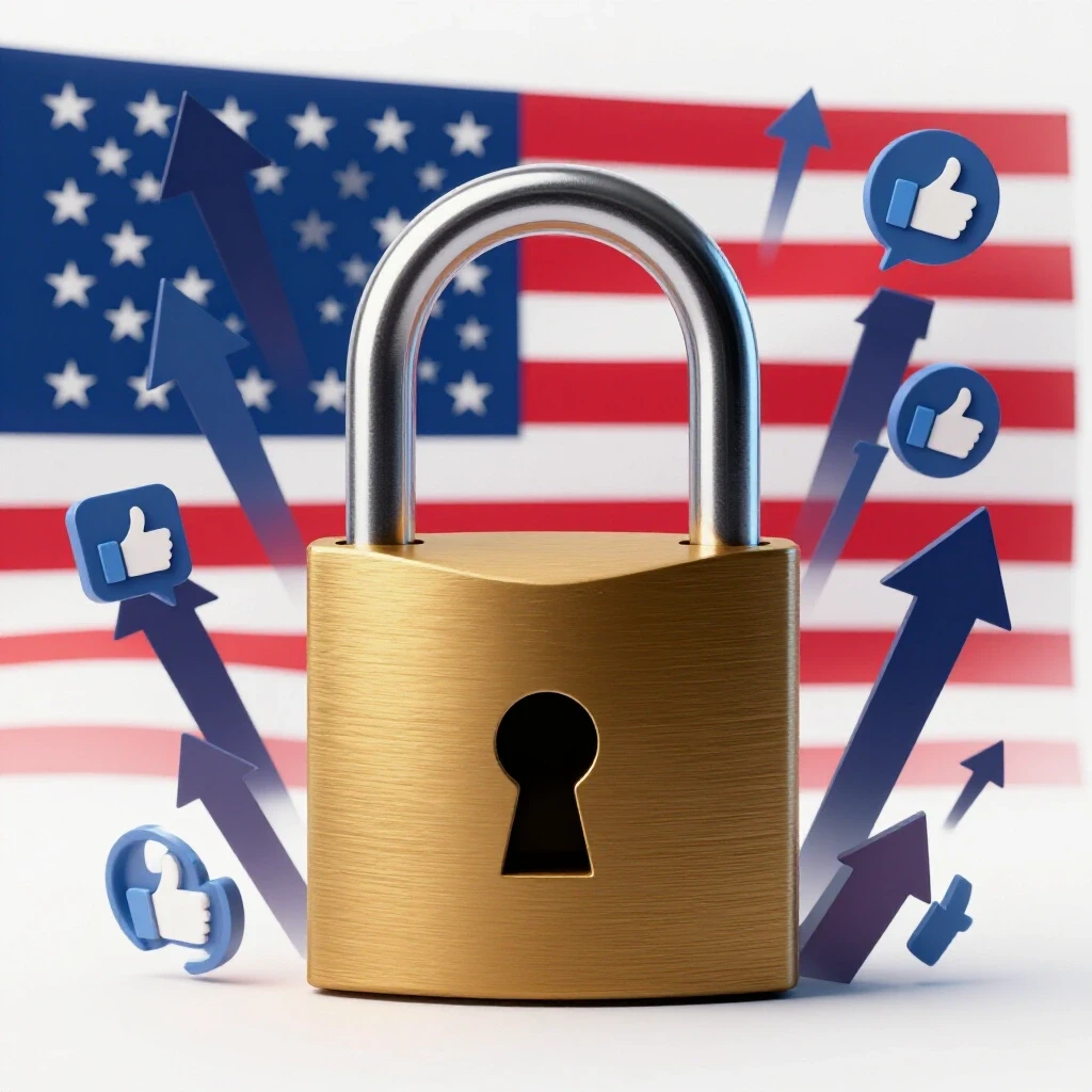 An open padlock with a vibrant U.S. flag background, surrounded by upward arrows and Facebook ad symbols, symbolizing access and growth.