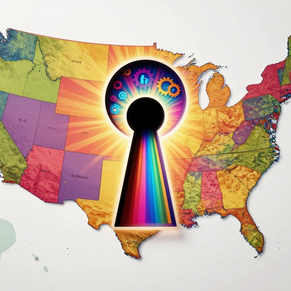 A colorful map of the USA with a keyhole silhouette, symbolizing opportunities in Facebook ads careers for Filipino talent.