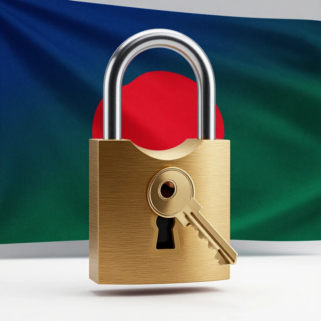 An ornate padlock being opened by a digital device key, set against the vibrant backdrop of the Bangladesh flag.