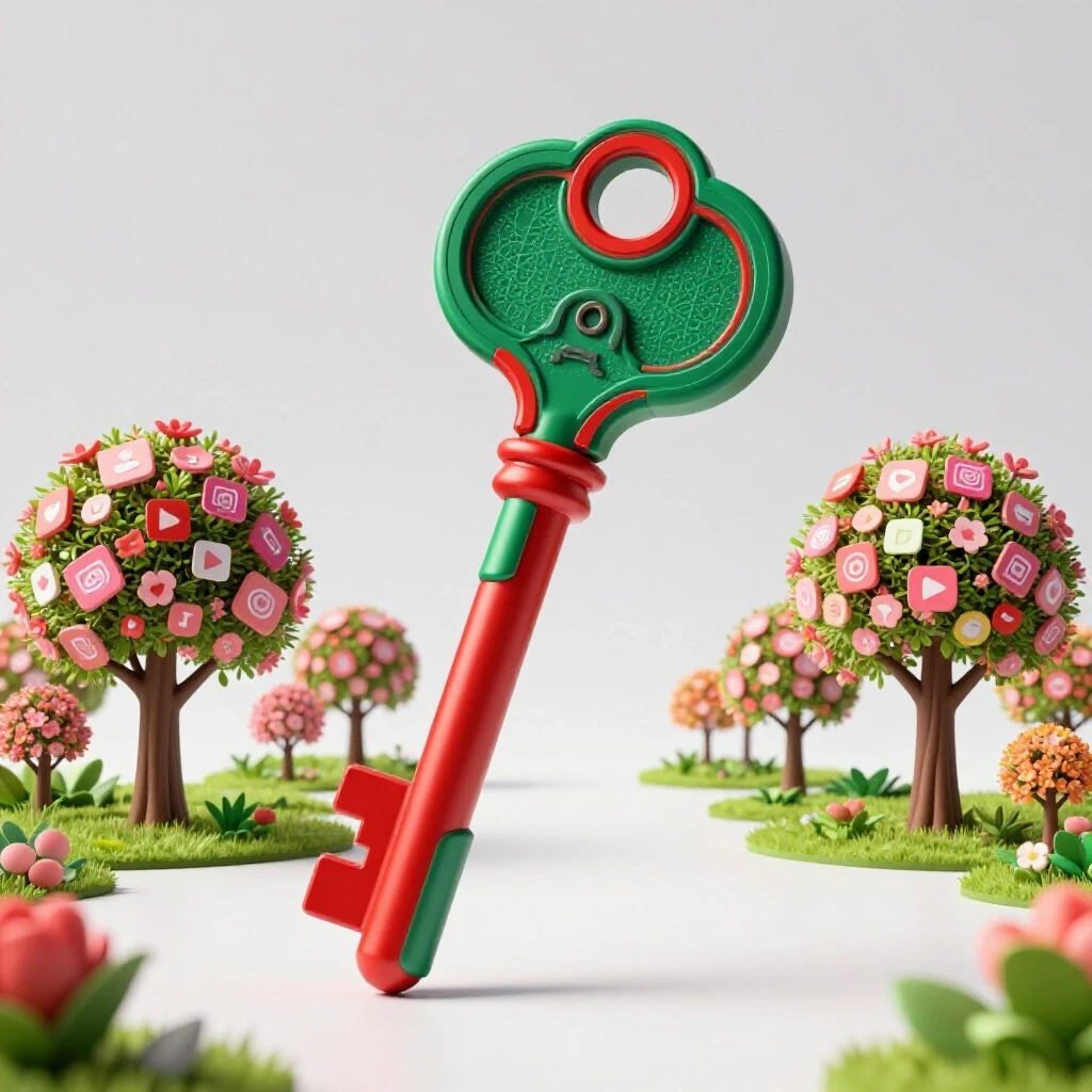 A futuristic ornate key in vibrant colors against a digital landscape of social media icons symbolizing growth.