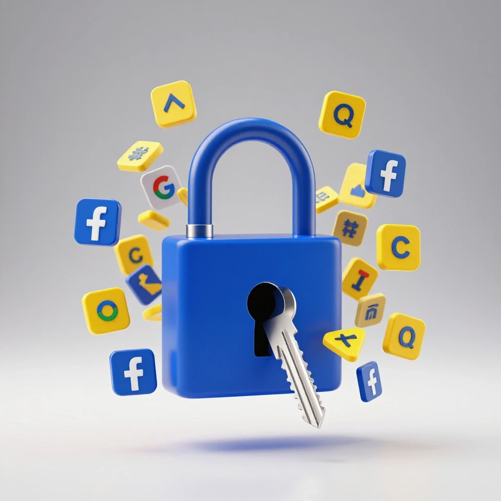 A key unlocking a digital padlock with Facebook and Google ads icons swirling around, symbolizing growth opportunities.