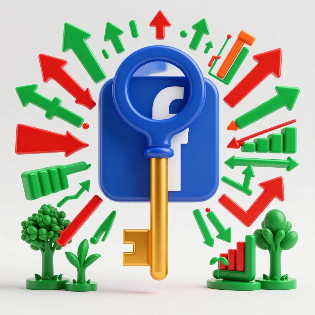 A lavish key unlocking a vibrant Facebook logo, surrounded by colorful growth icons, symbolizing business growth through Facebook ads.