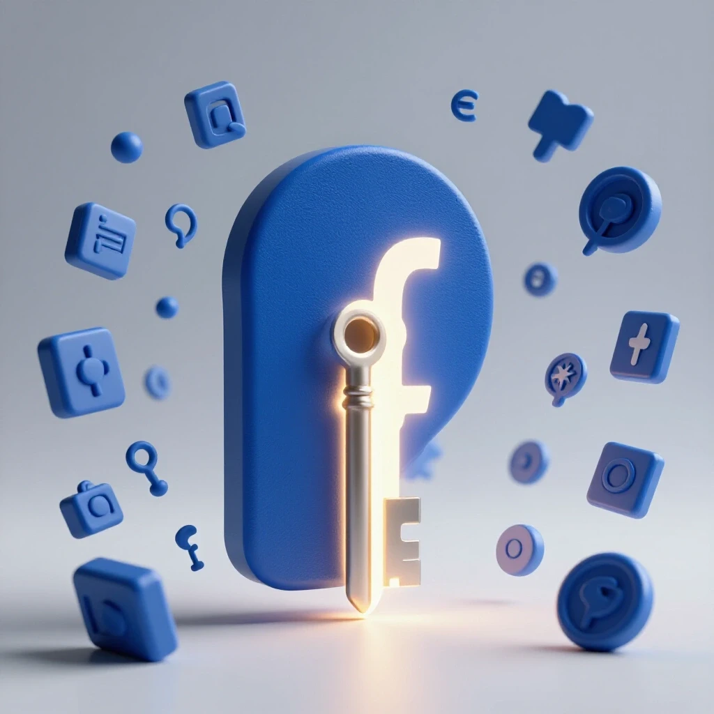 A glowing key unlocking a large Facebook logo, surrounded by vibrant symbols of engagement in a bright studio setting.