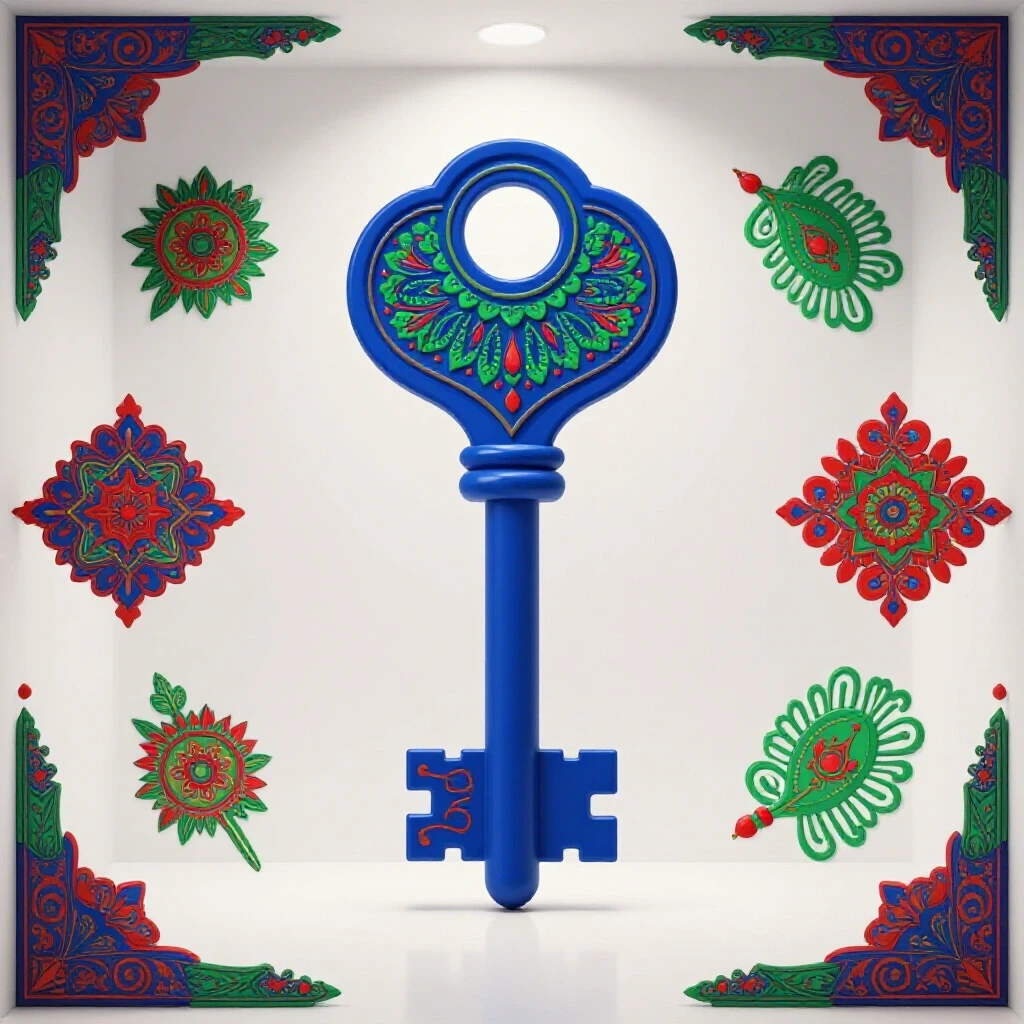 A vibrant 3D image of a large ornate key unlocking a Facebook logo, surrounded by colorful Bangladeshi patterns.