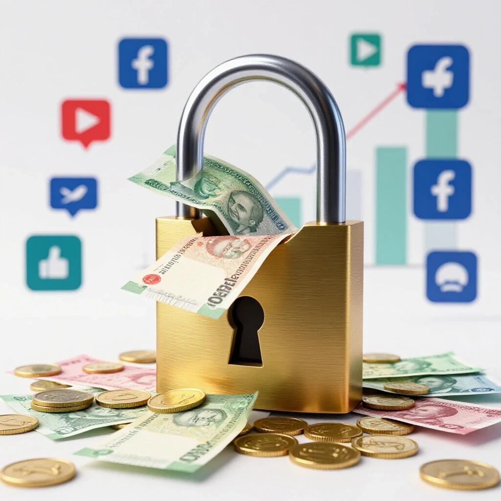 A golden padlock being opened with Bangladeshi currency notes and coins spilling out, set against abstract graphs and icons.