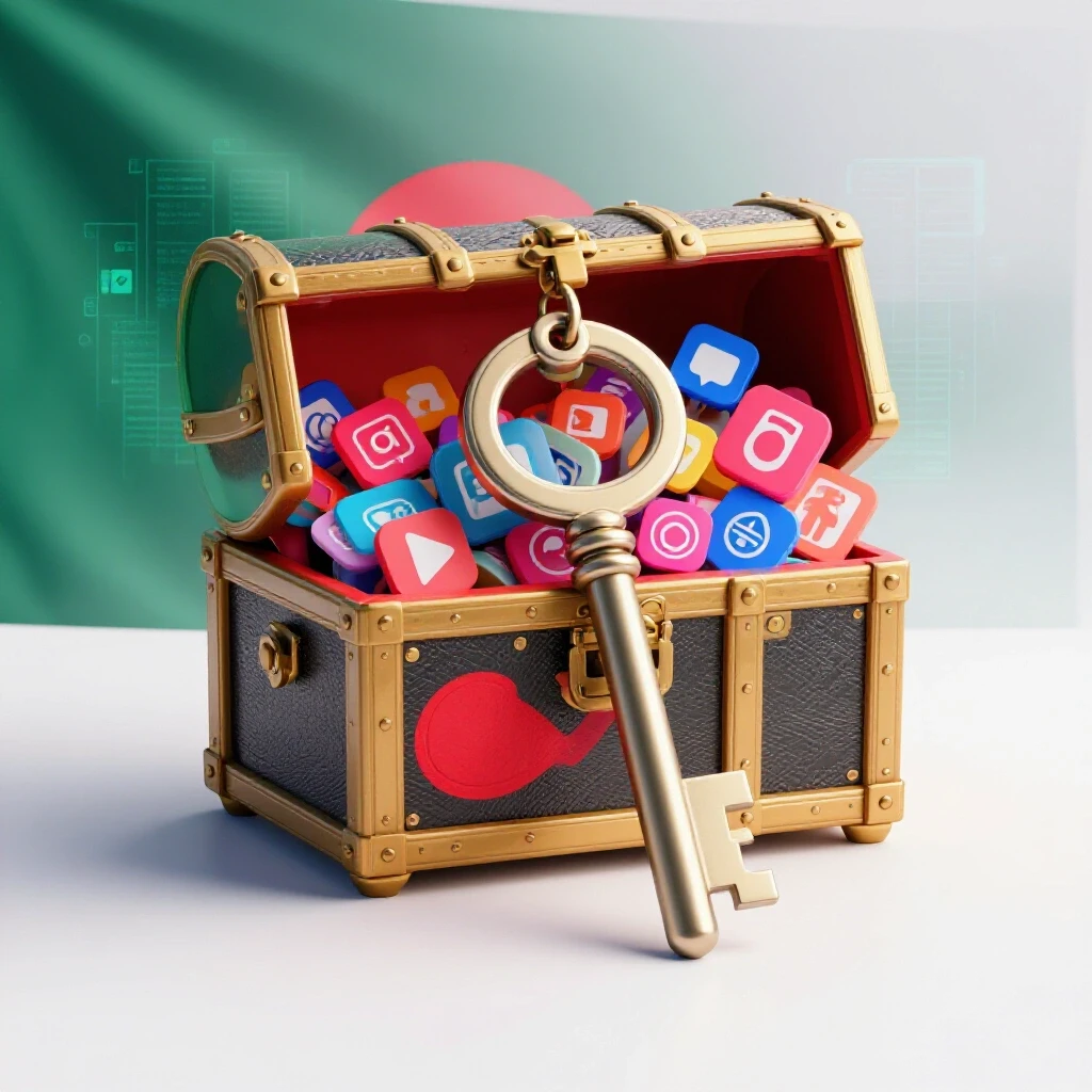 A vibrant treasure chest bursting with colorful social media icons being unlocked by an ornate key against a digital Bangladeshi flag backdrop.