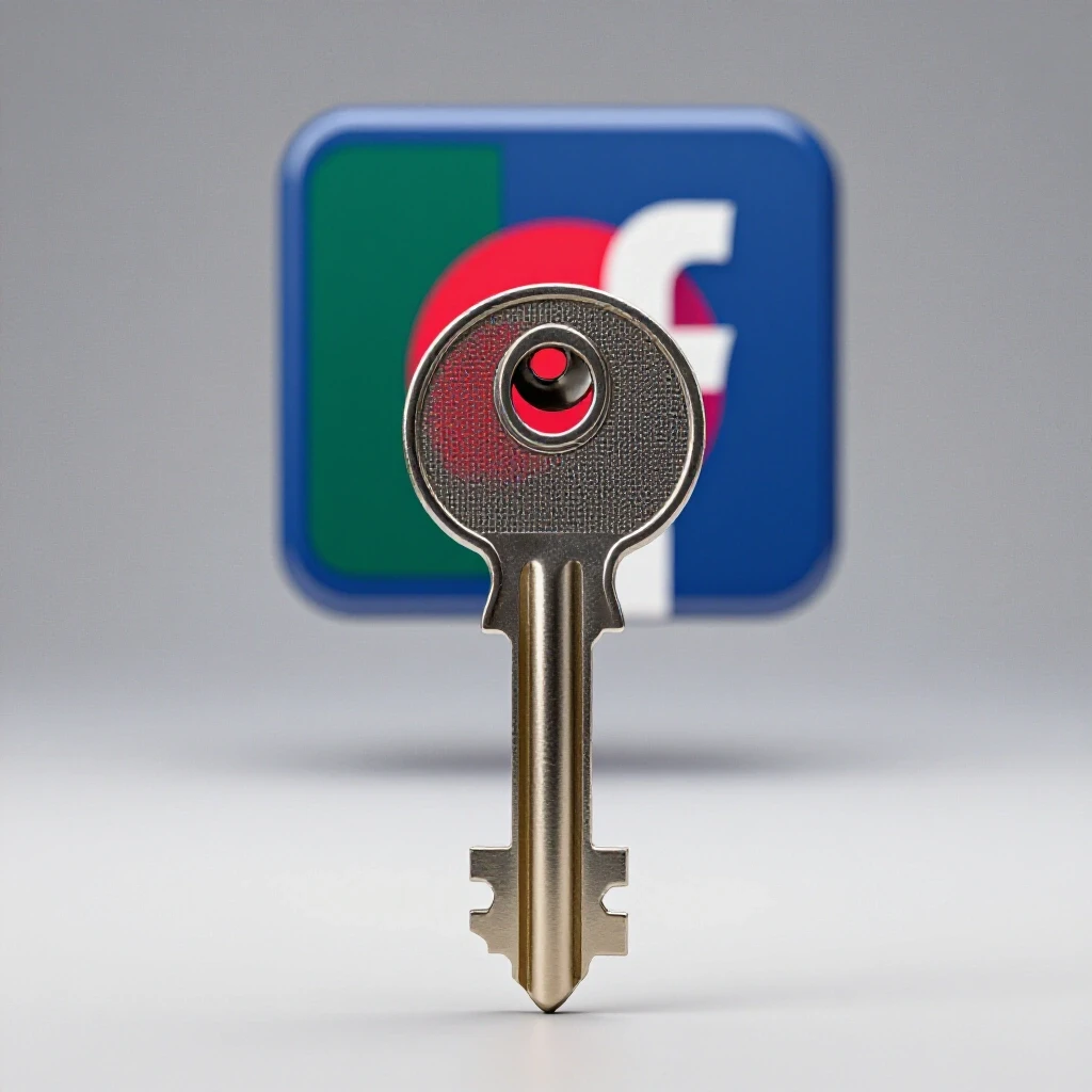A key unlocking a large Facebook logo with vibrant colors subtly featuring the Bangladesh flag in the background.
