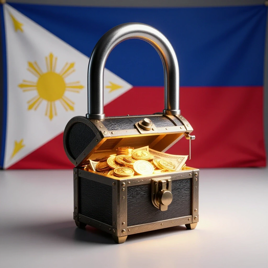 A vibrant 3D image of a large lock opening to reveal a treasure chest overflowing with gold coins and dollar bills, set against the Philippine flag.