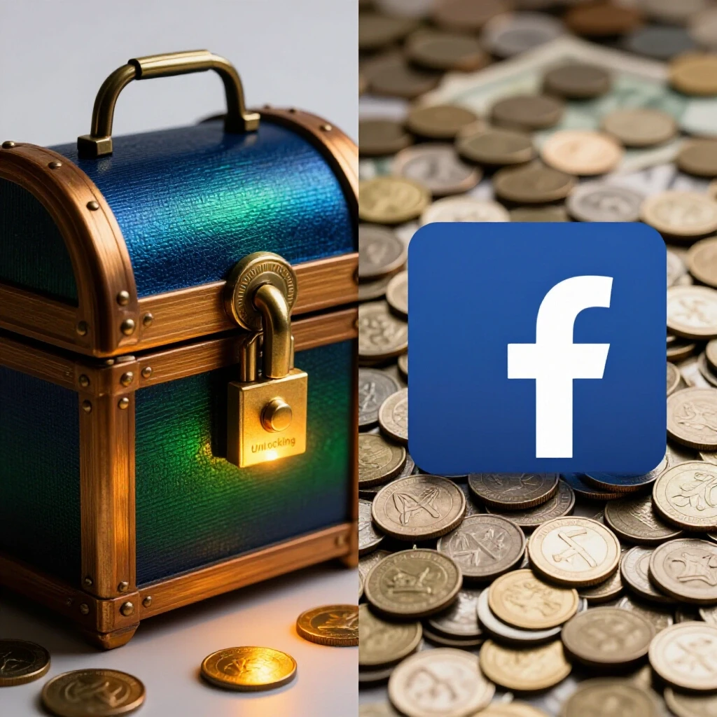 A split view image showing a glowing treasure chest and a pile of coins, representing Facebook ads value and insights.