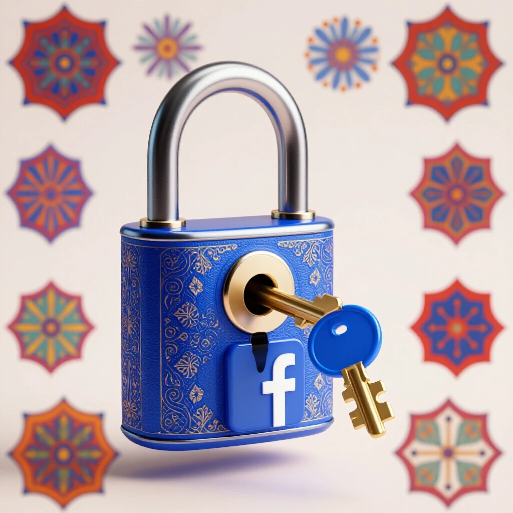 A vibrant padlock opened by a Facebook logo-shaped key, symbolizing secrets of Facebook ads, in a colorful Bangladeshi backdrop.