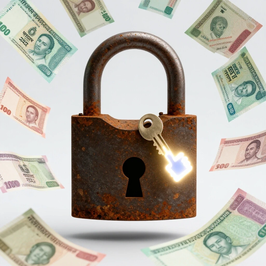A rusty padlock being opened by a glowing Facebook 'like' key, surrounded by swirling Bangladeshi currency notes.