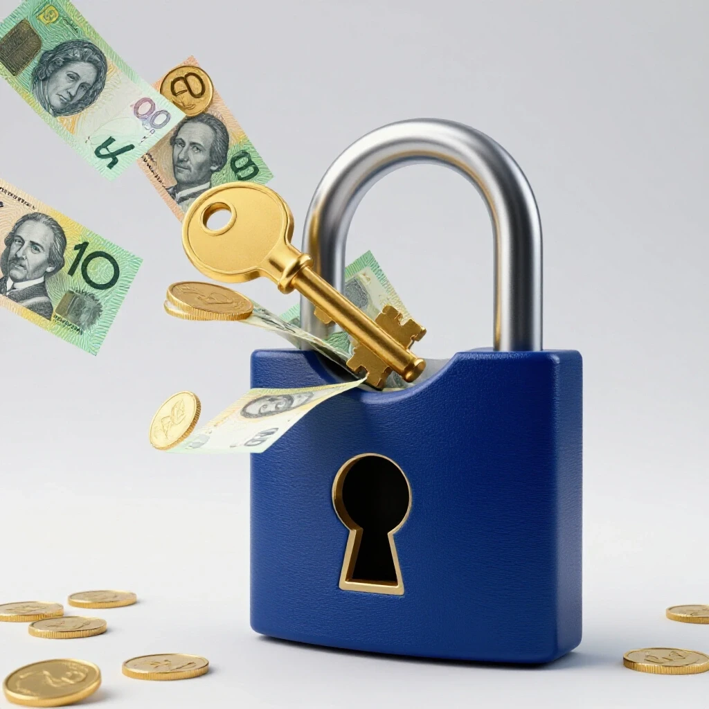 A golden key unlocking an ornate padlock, with Australian currency overflowing, symbolizing financial insights.