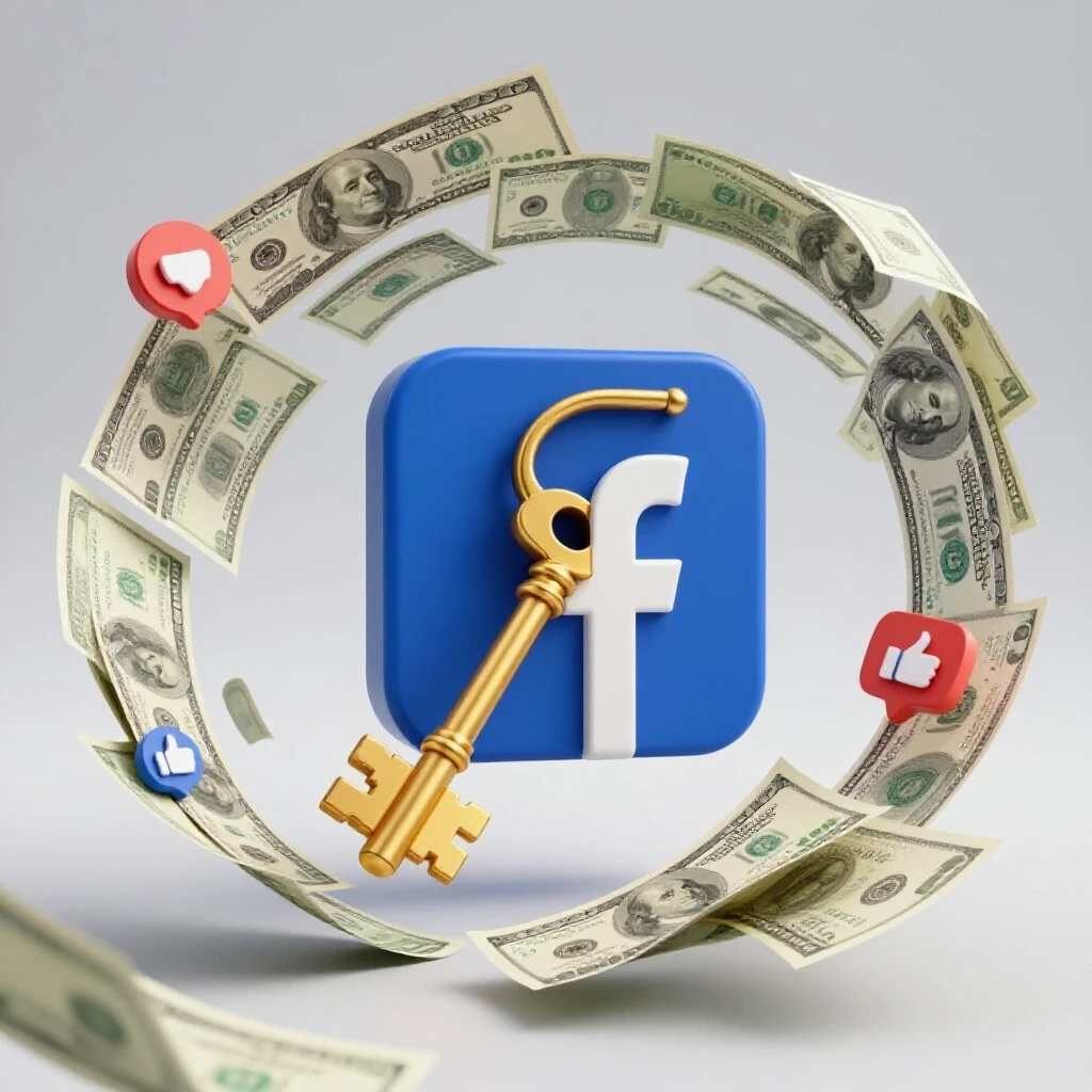 A golden key unlocking a large Facebook logo surrounded by swirling dollar bills and engagement metrics icons.