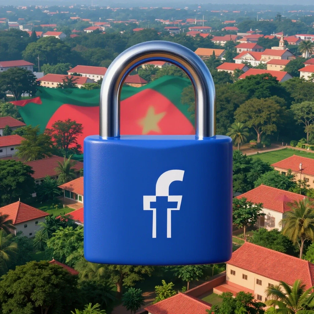 A locked padlock overlaying the Facebook logo, symbolizing ad delivery barriers in Bangladesh with a vibrant landscape background.