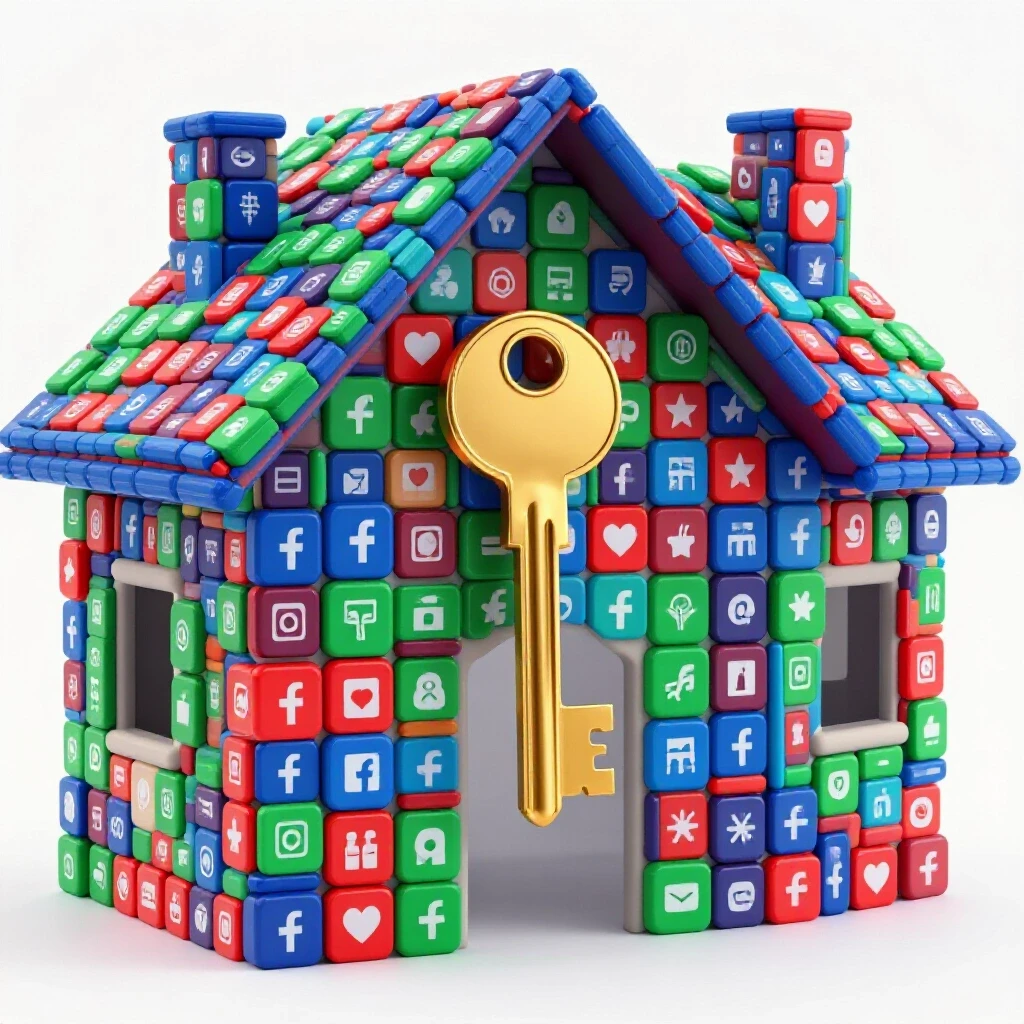 A golden key unlocking a colorful house made of social media icons, symbolizing targeted marketing opportunities on Facebook.