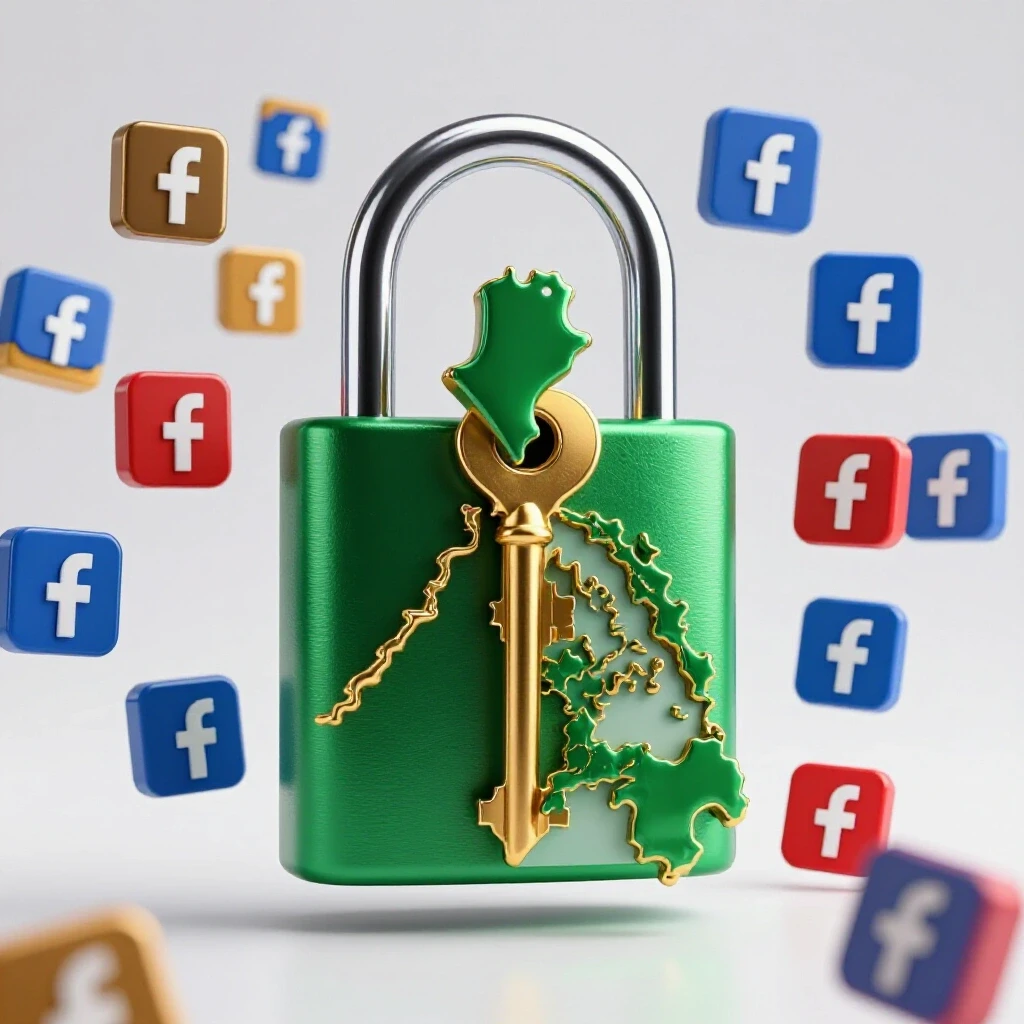 A gold key unlocking a stylized padlock shaped like the Philippines, surrounded by colorful Facebook ad icons against a bright background.