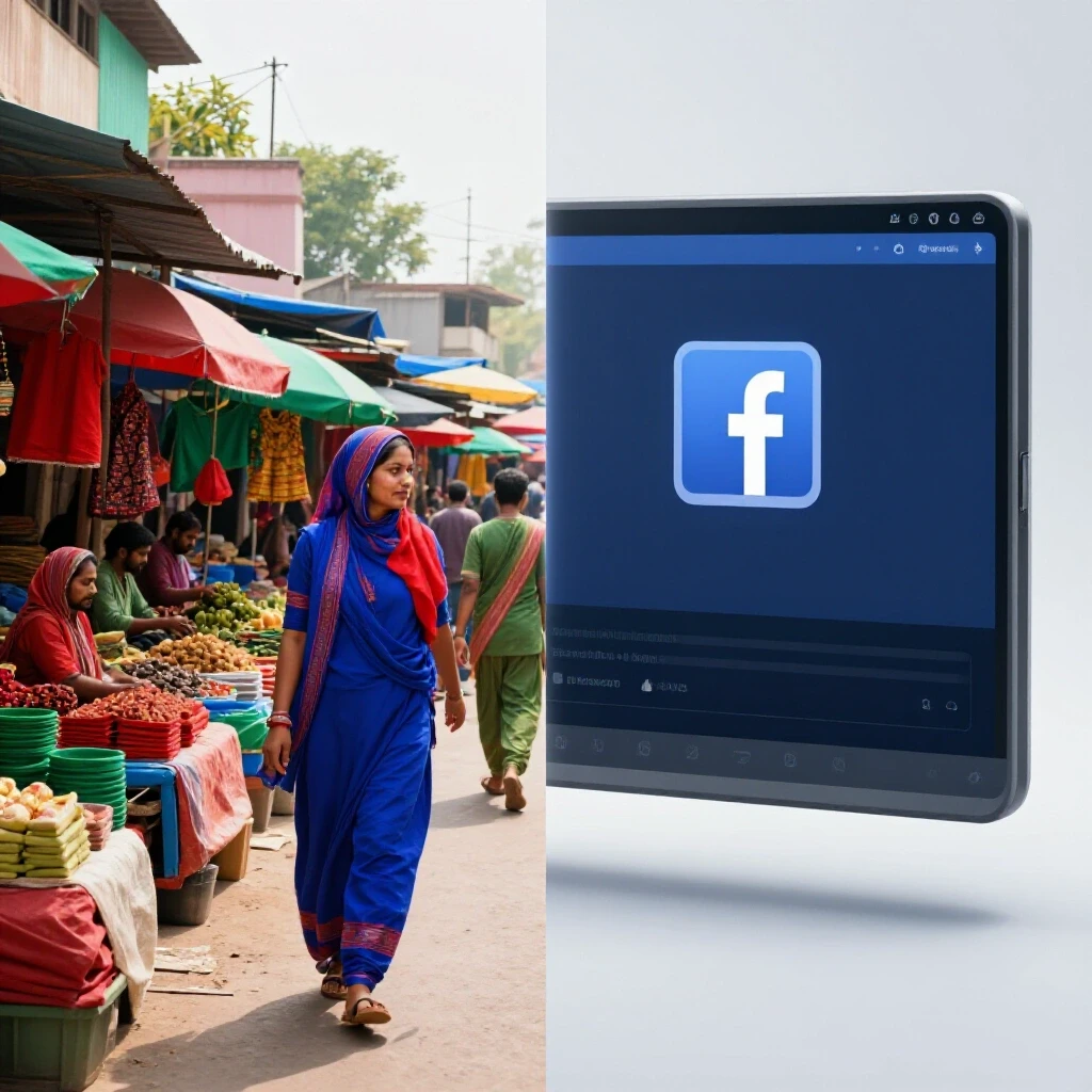 A vibrant split-screen image showing a Bangladeshi market scene on one side and a digital Facebook Ads interface on the other, showcasing the blend of traditional and modern marketing.