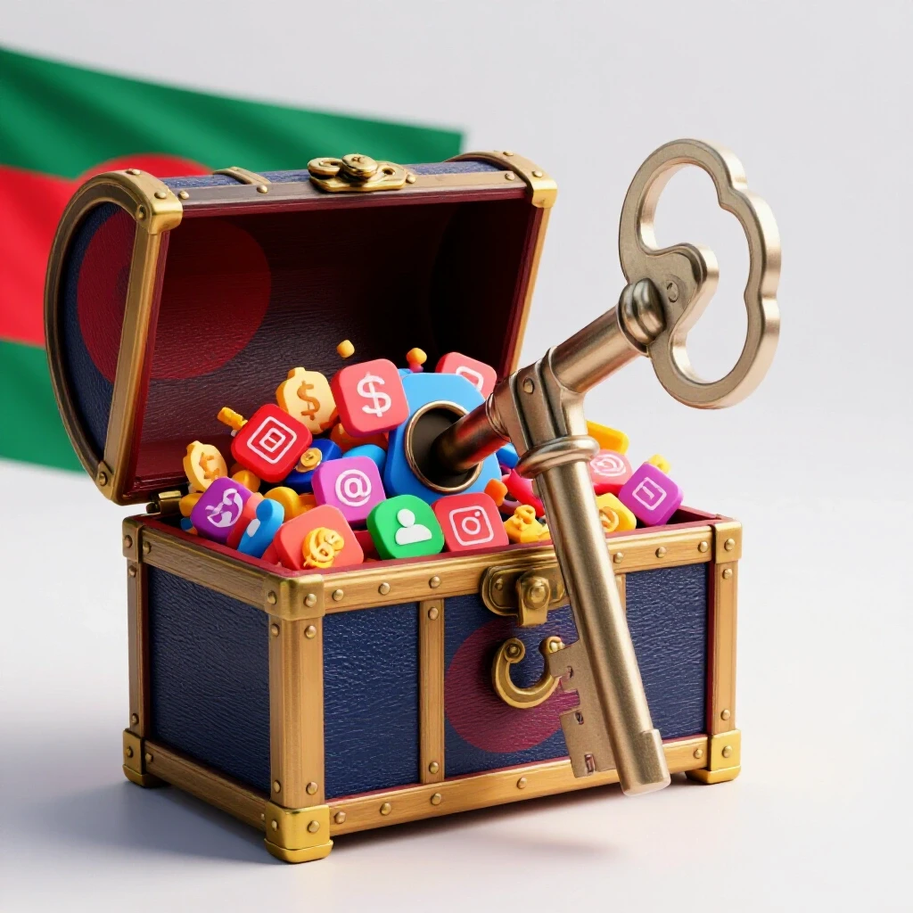 A vibrant treasure chest overflowing with social media icons, unlocked by a large ornate key, with the Bangladesh flag as background.