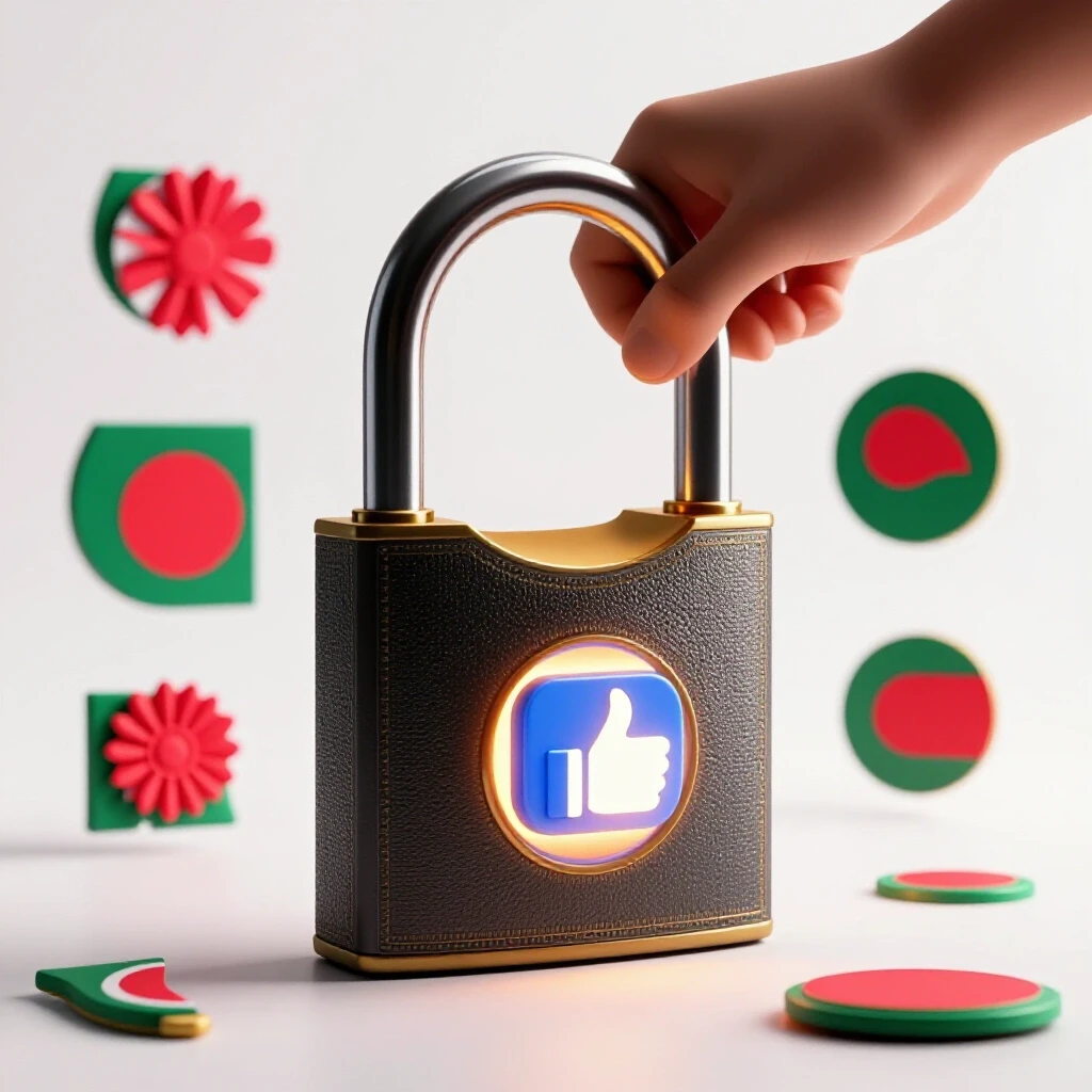 A glowing Facebook like button unlocking an ornate lock, surrounded by vibrant Bangladeshi symbols in a bright studio.