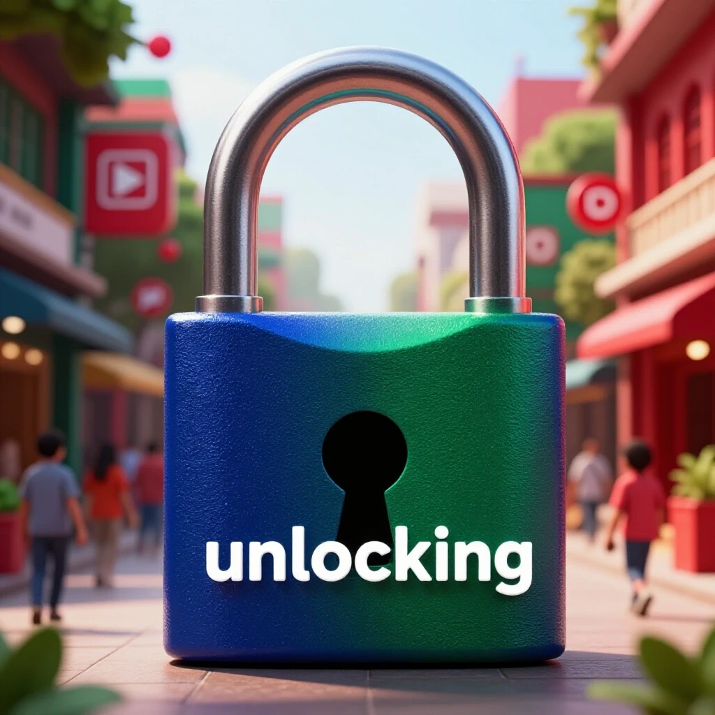 A large intricately designed padlock representing unlocking in front of a vibrant street scene in Bangladesh with social media icons.