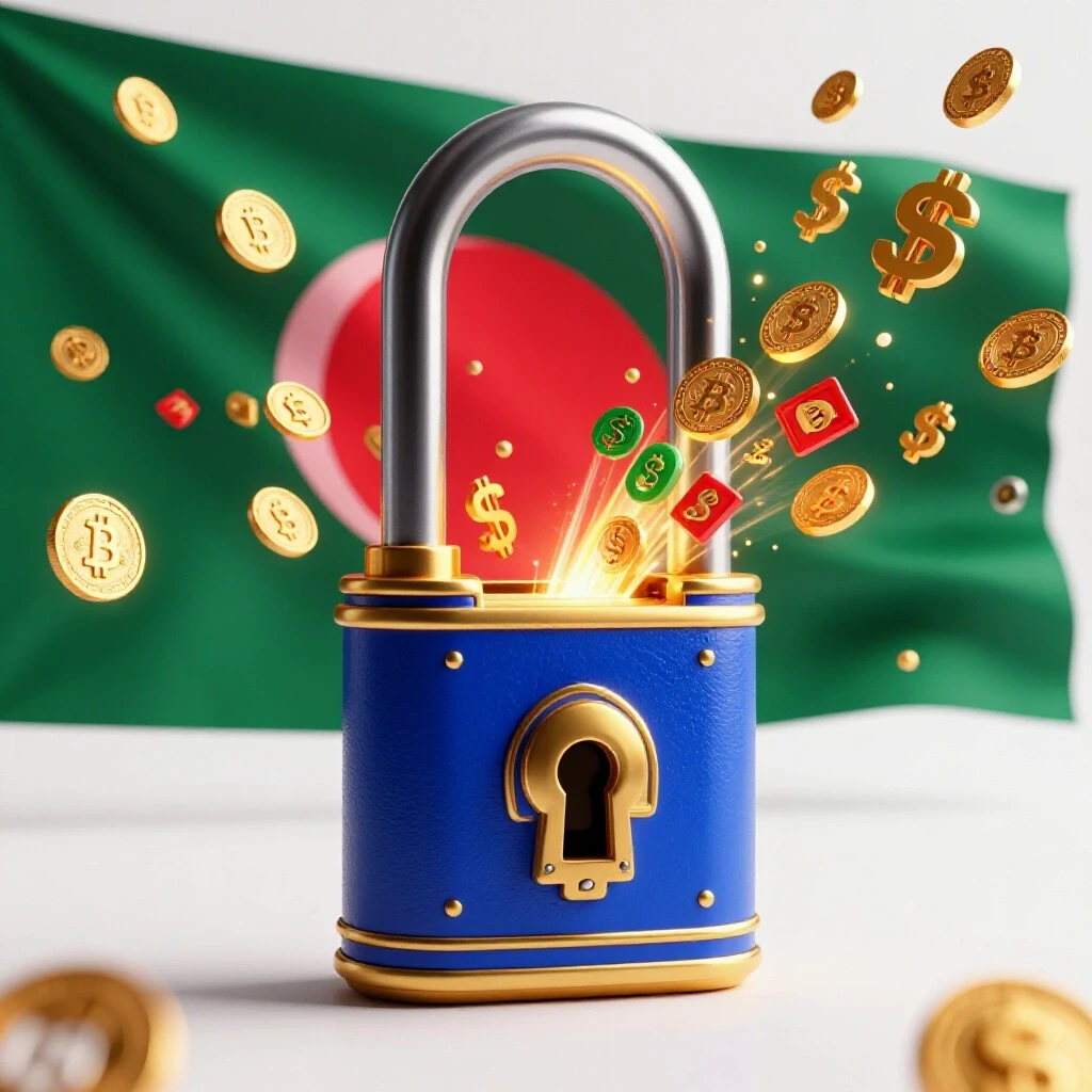 A large, ornate lock opening with vibrant digital currency symbols flowing out, set against the Bangladeshi flag background.
