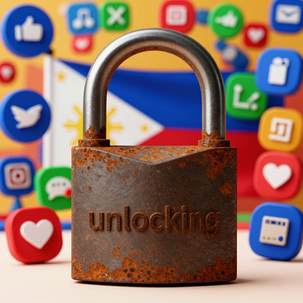 A large, rusted padlock in the foreground, surrounded by bright social media icons and a subtle Philippine flag, symbolizing unlocking potential.