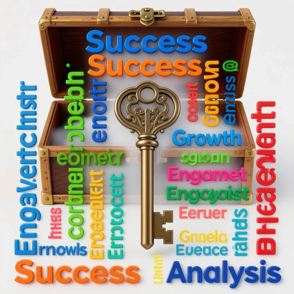 A mystical key surrounded by colorful keywords emerging from an open treasure chest on a bright backdrop.