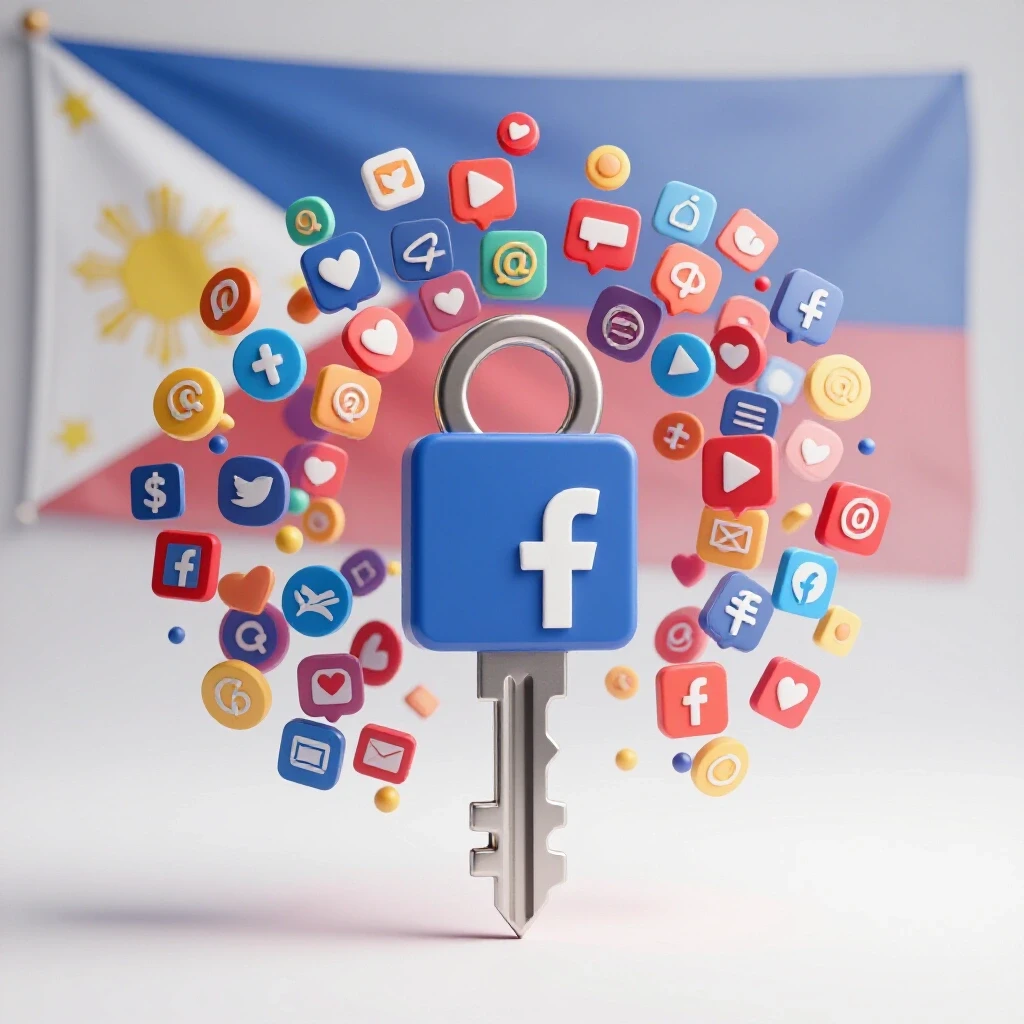 A key unlocking a vibrant Facebook logo, surrounded by colorful social media icons with the Philippine flag backdrop.