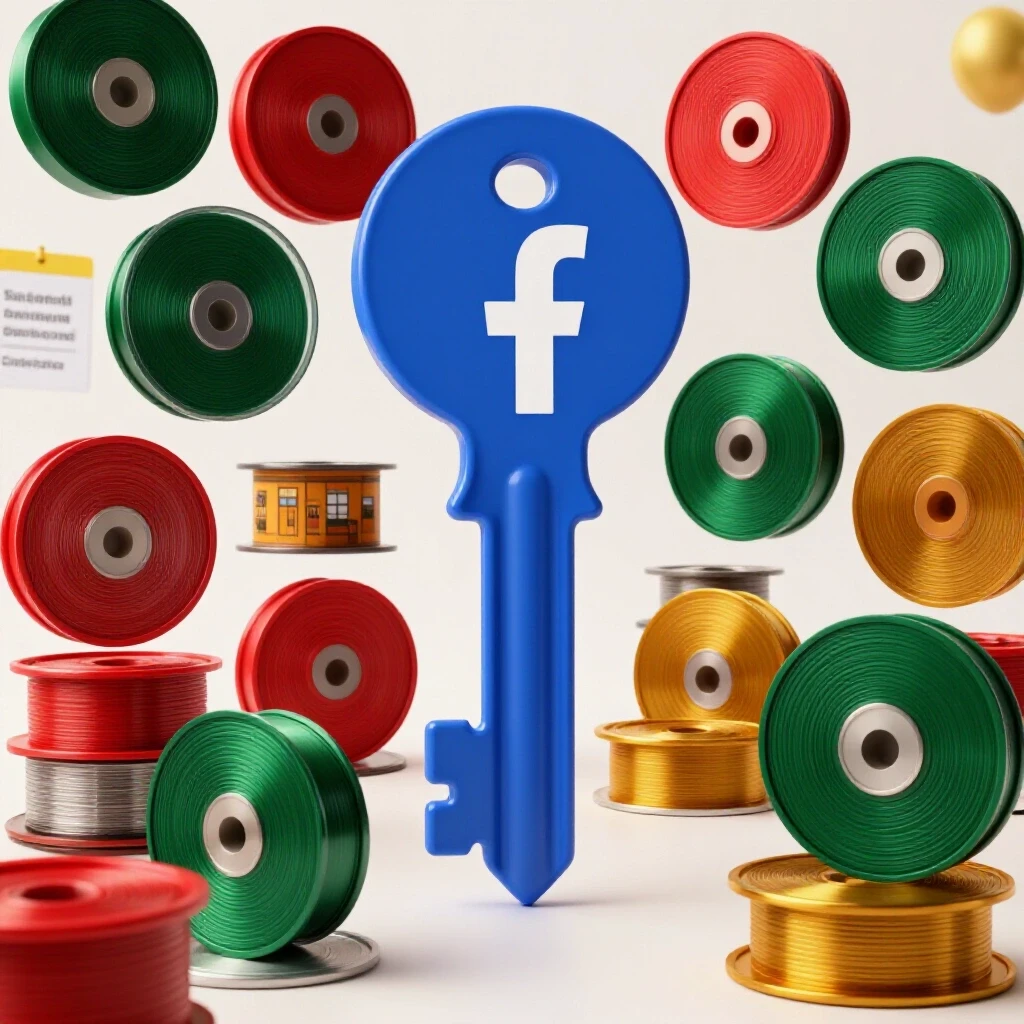 A vibrant key unlocking a giant Facebook logo surrounded by colorful reels representing diverse SMBs in Bangladesh.