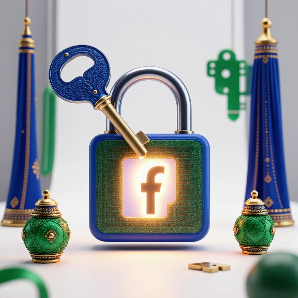 An ornate key unlocking a glowing Facebook logo padlock, surrounded by vibrant cultural elements from Bangladesh.