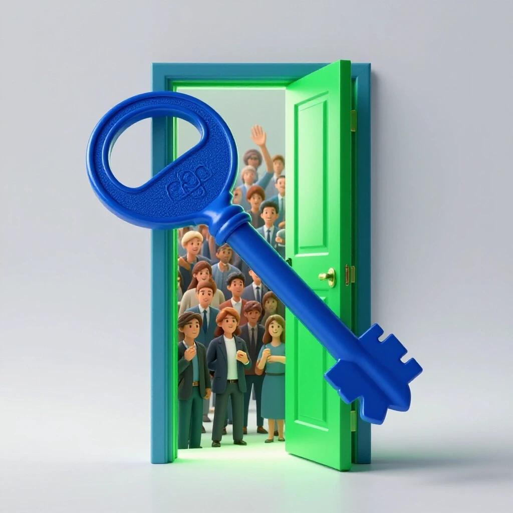 An ornate key unlocking a glowing door revealing diverse people, symbolizing Facebook Lookalike Audiences.