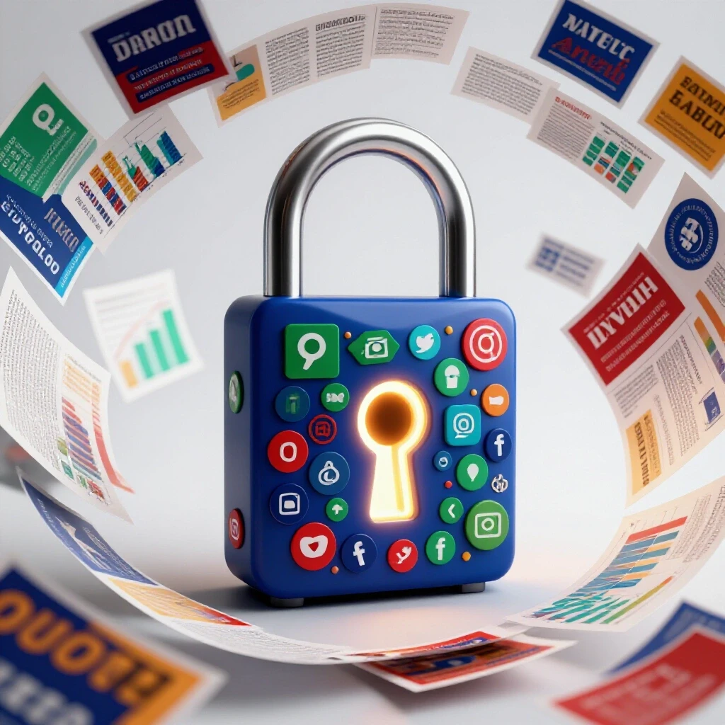 Intricate padlock made of social media icons with a glowing keyhole, surrounded by colorful political materials.