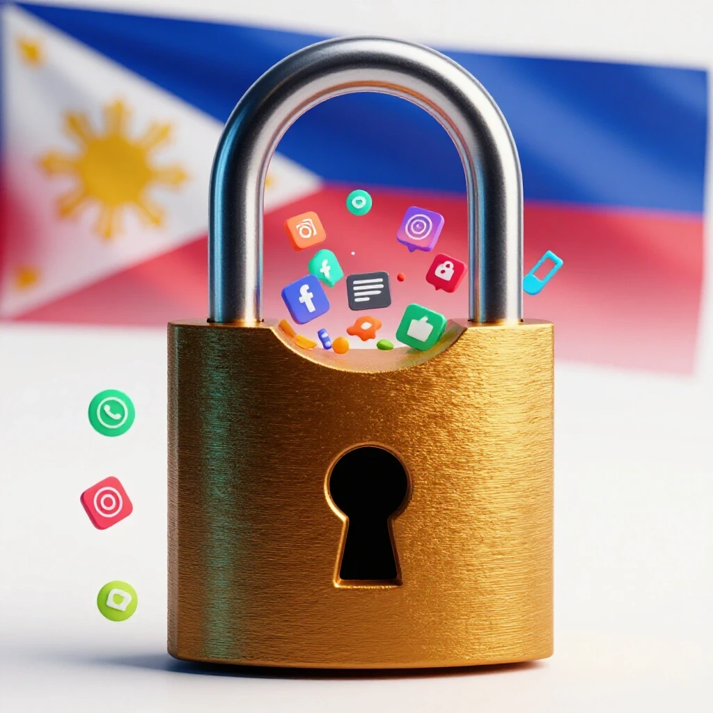 A vibrant 3D padlock being opened, revealing social media icons against a bright background inspired by the Philippine flag.