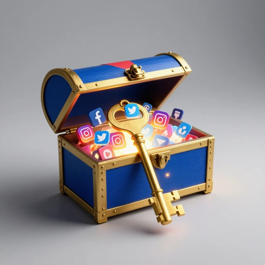 A golden key unlocking a glowing treasure chest filled with social media icons, against the Bangladesh flag backdrop.