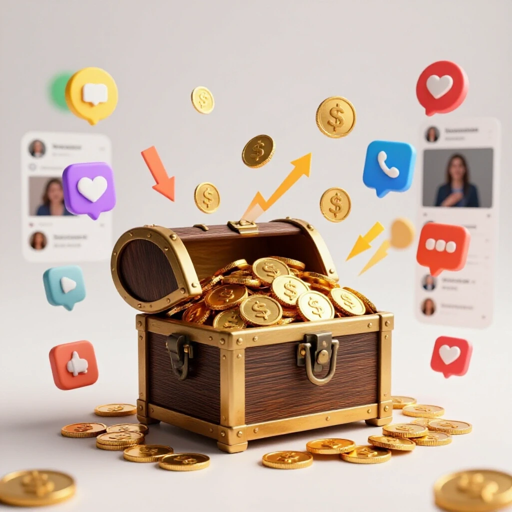 A treasure chest overflowing with gold coins against a vibrant social media interface, illustrating monetization potential.