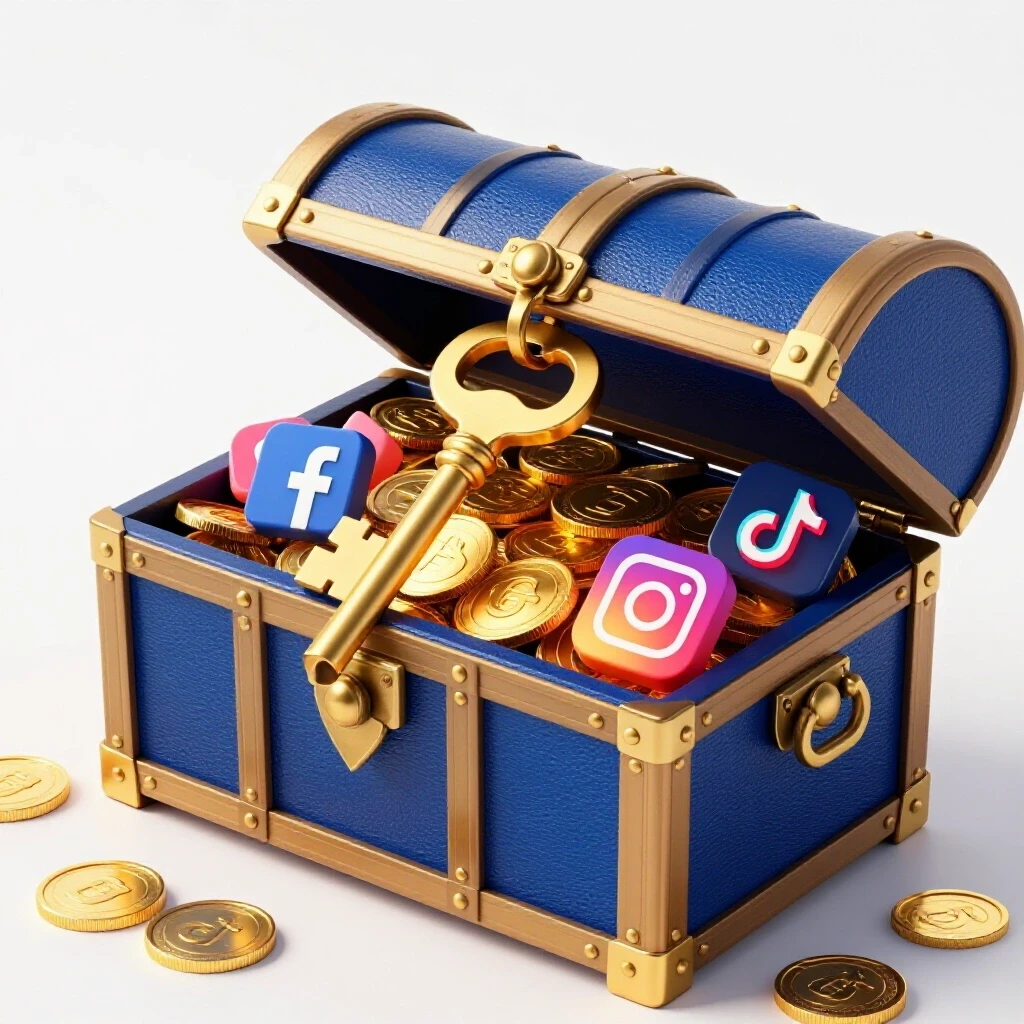 A golden key unlocking a treasure chest filled with gold coins and social media icons, against a bright background.