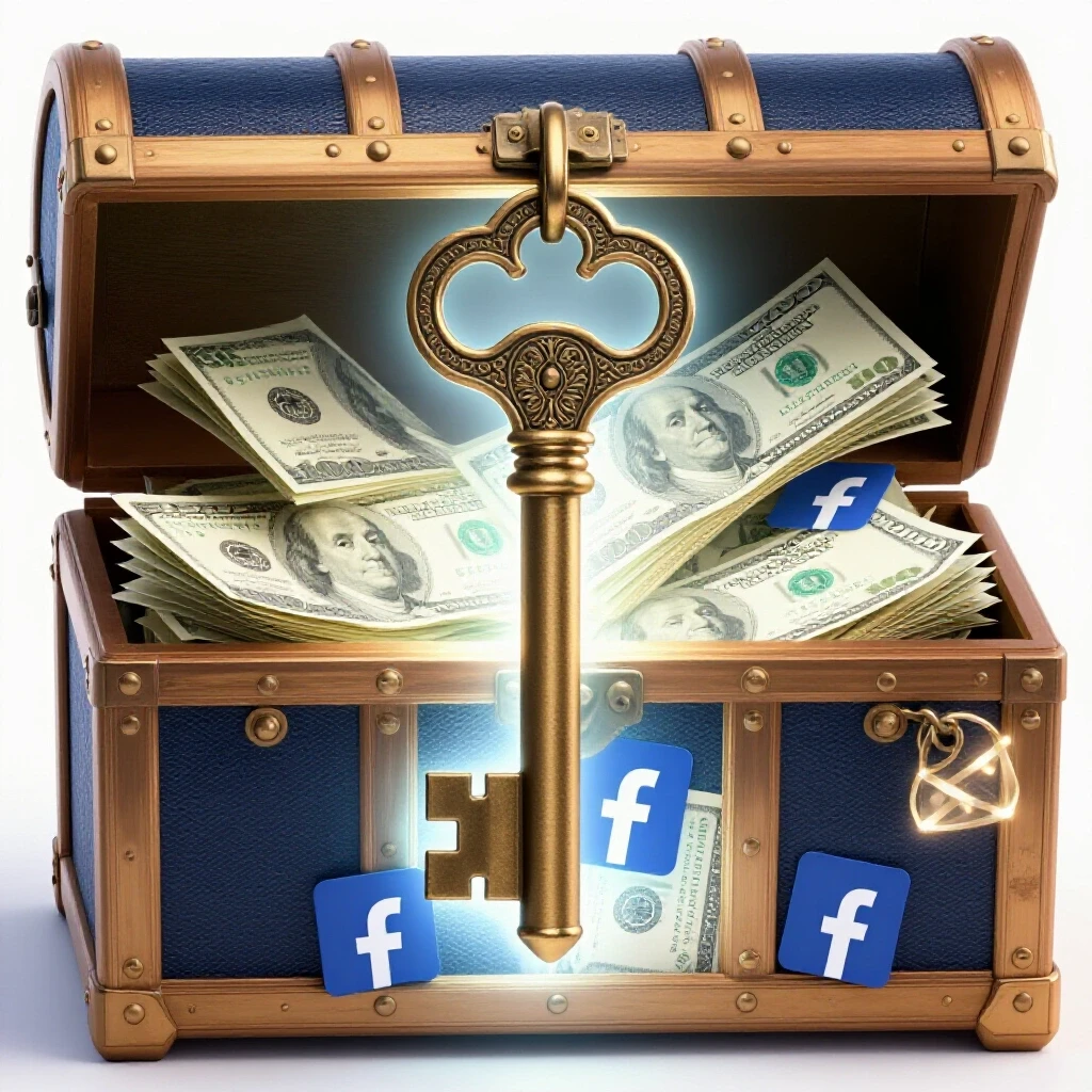A large, ornate key unlocking a glowing treasure chest overflowing with dollar bills, set against a bright blue and white background.