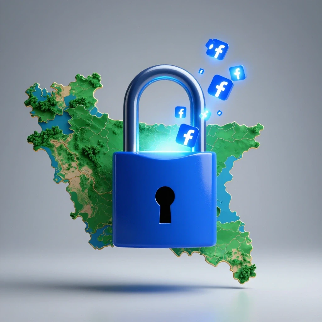 A vibrant open padlock with glowing Facebook icons over a digital map of Bangladesh, symbolizing remote job opportunities.