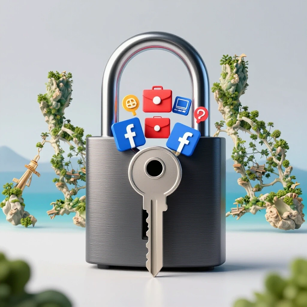 A vibrant 3D image of a key unlocking a digital padlock, with Facebook icons and job symbols appearing from it, set against Philippine landscapes.