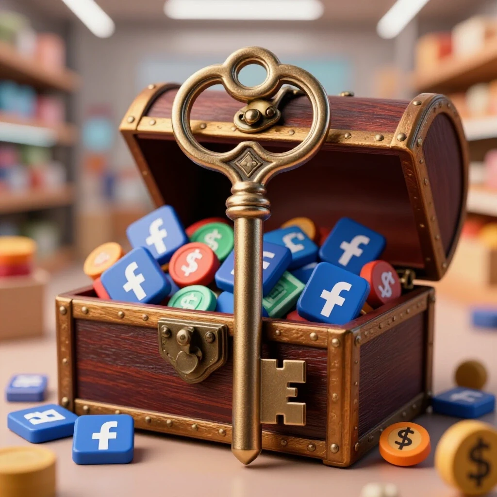 A shiny ornate key unlocking a treasure chest filled with bright Facebook icons and money symbols, set in a digital marketplace background.