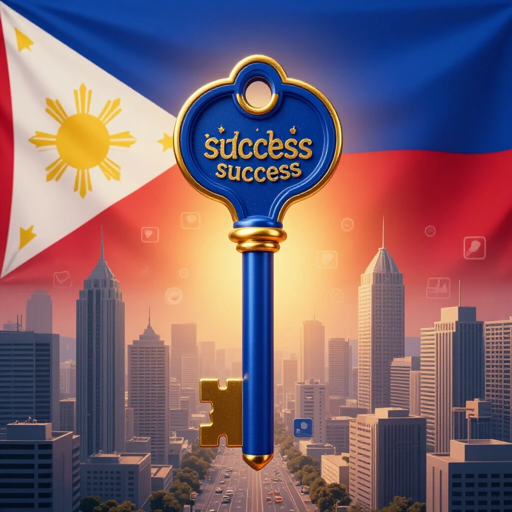 A large ornate key against the Philippine flag background representing success and social media connections.
